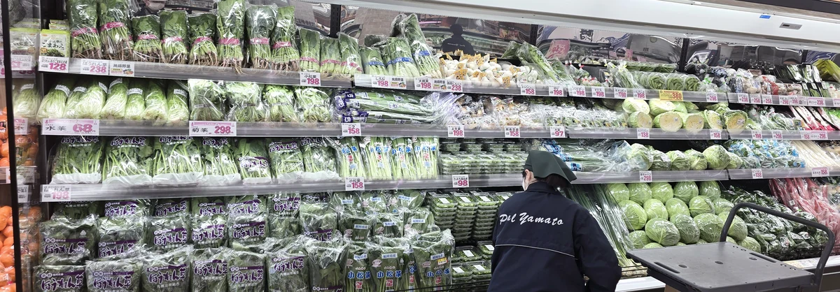野菜売場でほうれん草の棚を整理するスタッフの後ろ姿