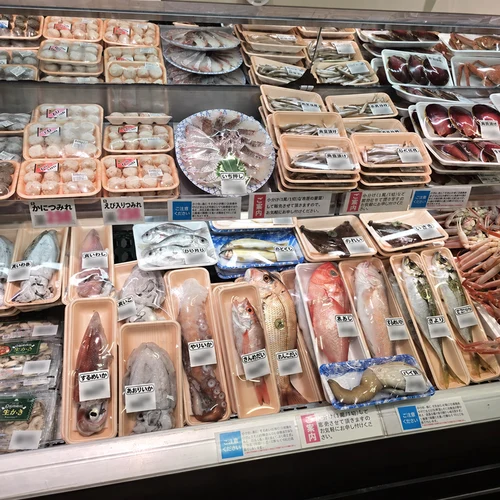 青木店の水産売場に並ぶイカやタコ、切り身のパック