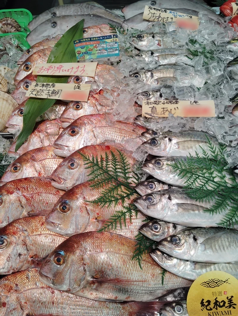 西宮店の水産対面売場。鯛やアジが並ぶ写真