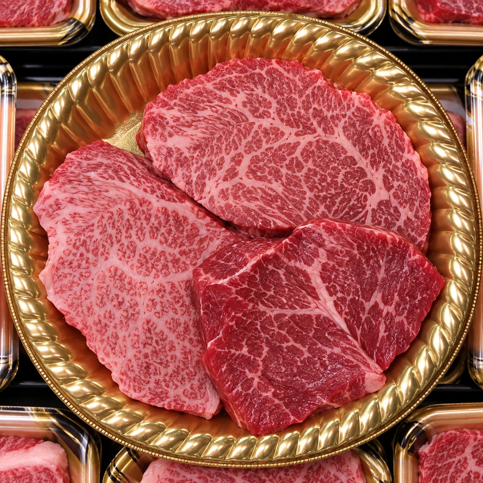 一枚ずつ盛り付けた、厚みのある牛肉。