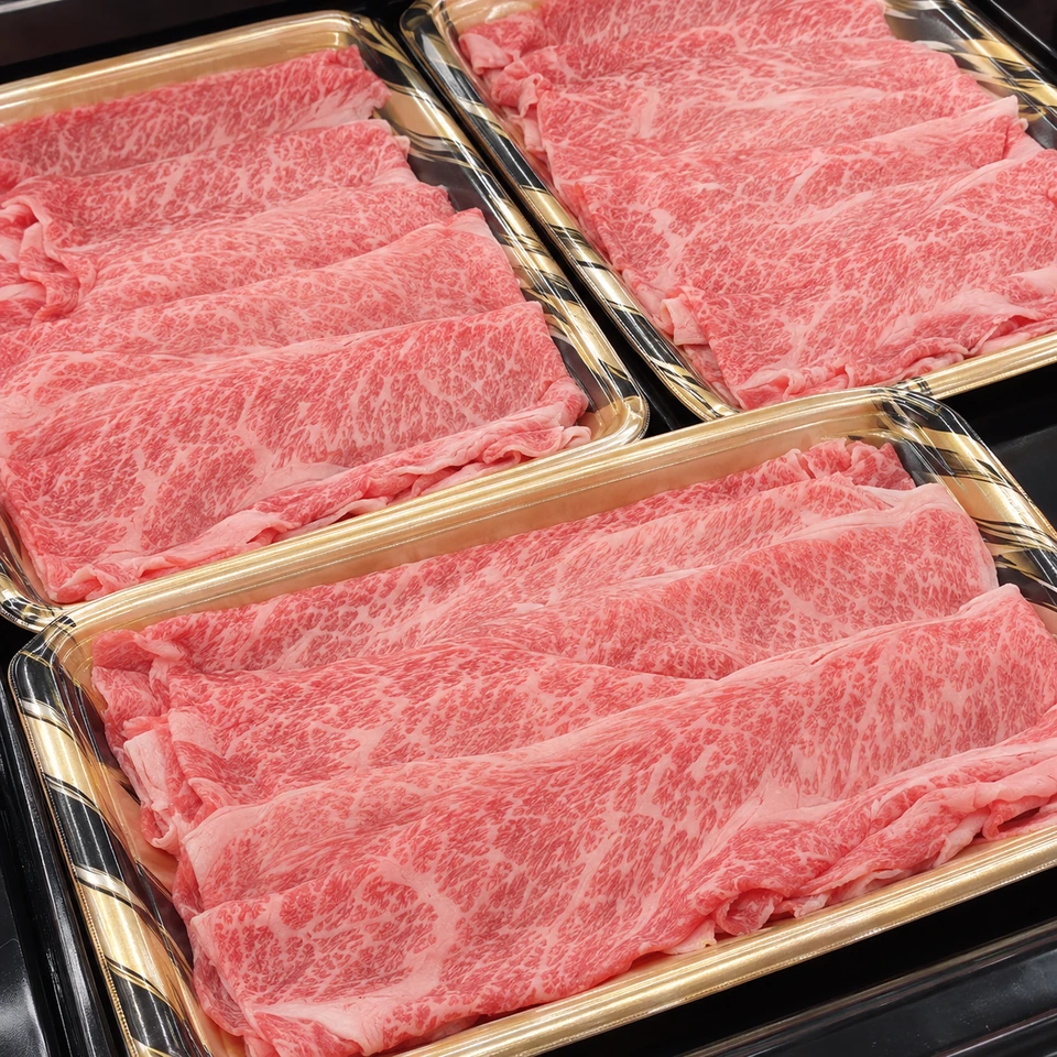 幾重にも並べられた、薄切りの牛肉。