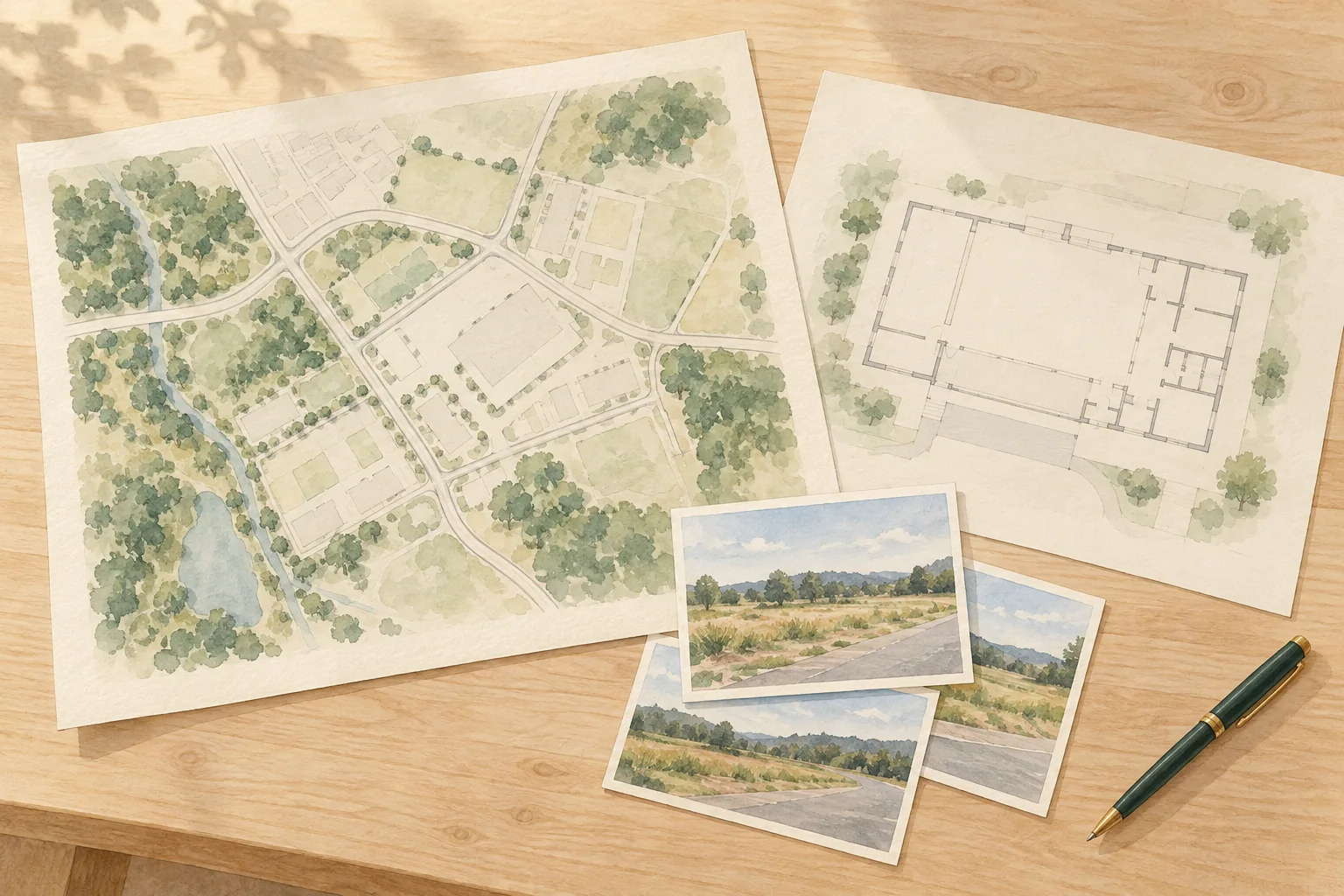 物件の住宅地図と図面、現地の写真をそろえた机の上