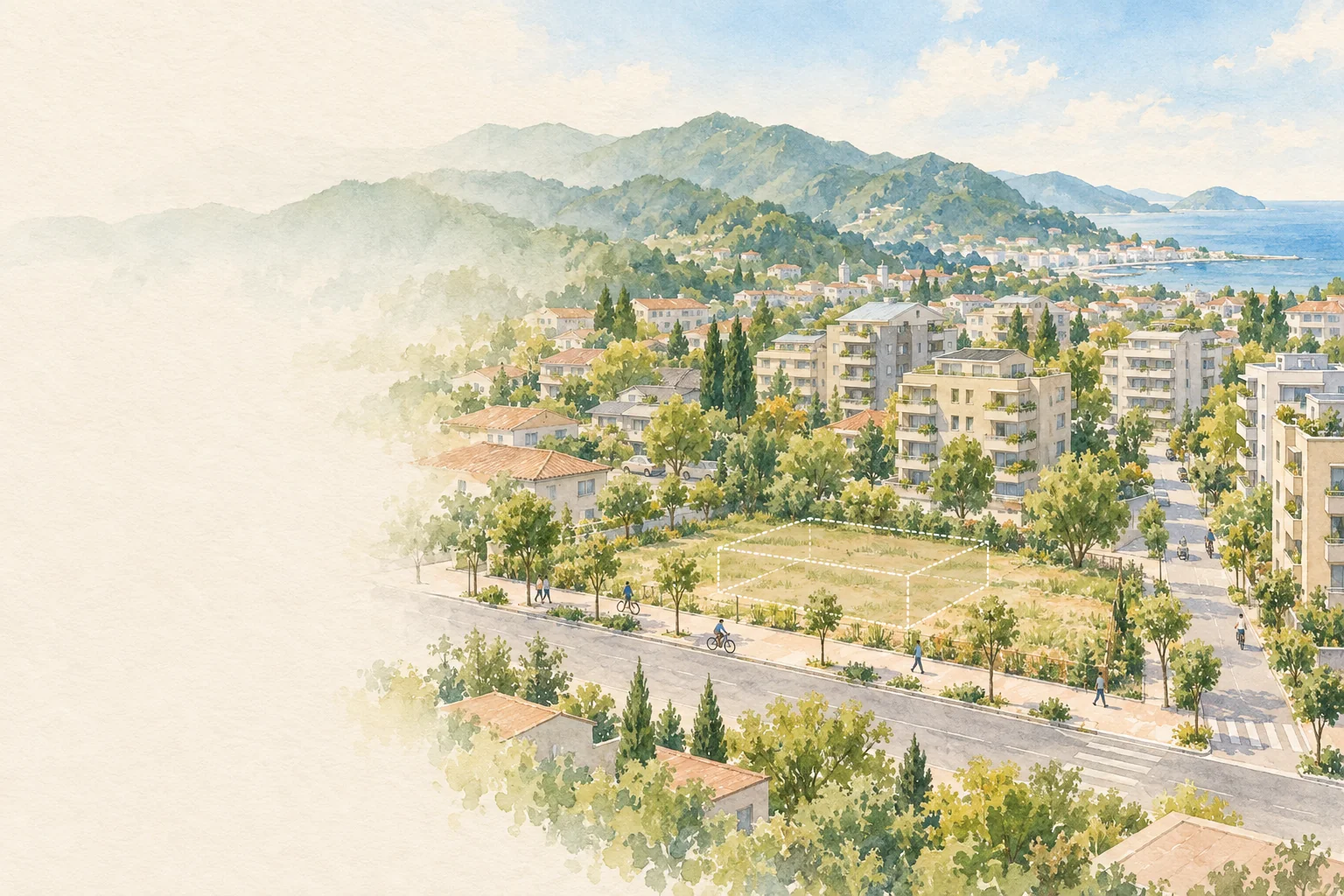 山のふもとの住宅のまちと、店を建てられる空き地