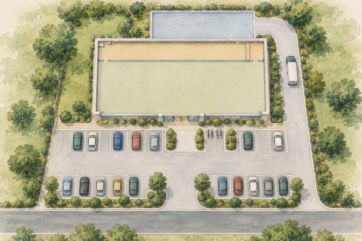 敷地の中の店舗の建物、売場とバックヤード、駐車場と自転車置き場、荷さばき場の位置関係を示した図